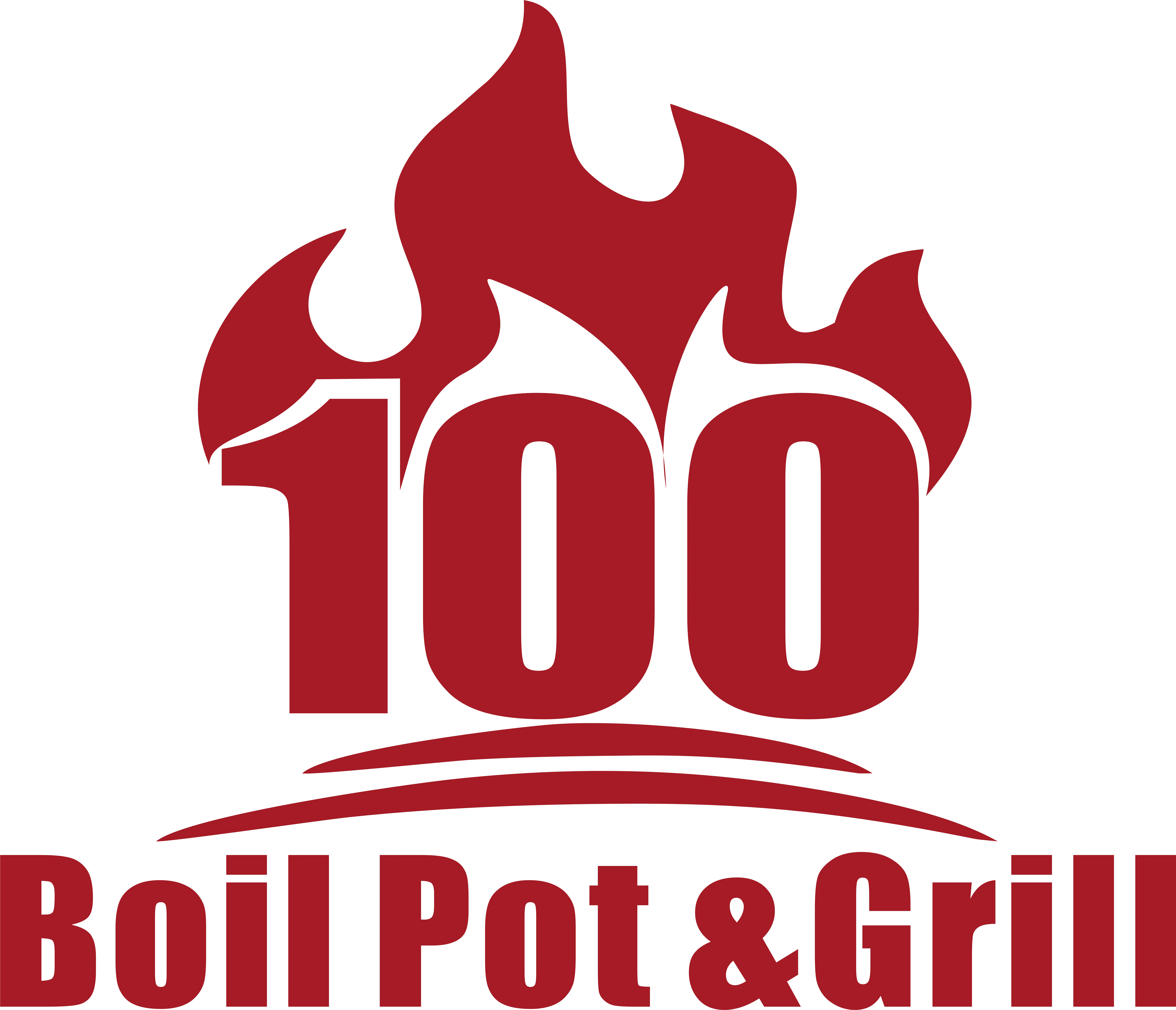 100 Boil Pot & Grill restaurant logo, featuring a flame as its symbol